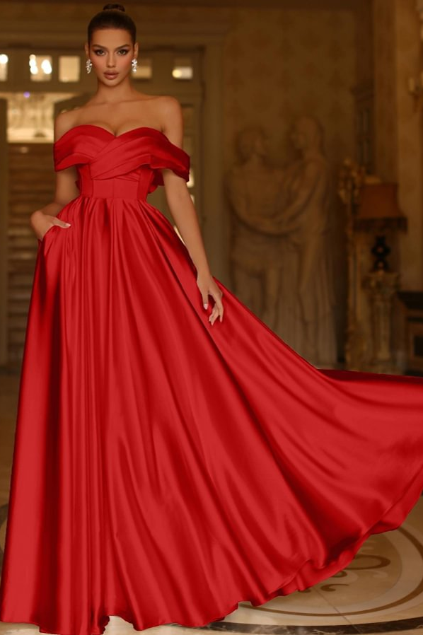Daisda Red Off-the-shoulder Strapless Sleeveless A-line Graduation Evening Dress