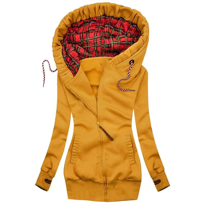 Autumn Winter Plaid Hoodies Coat Women Fashion Pocket Long Sleeve Streetwear Zipper Casual Jacket Female Plus Size Sweatshirt