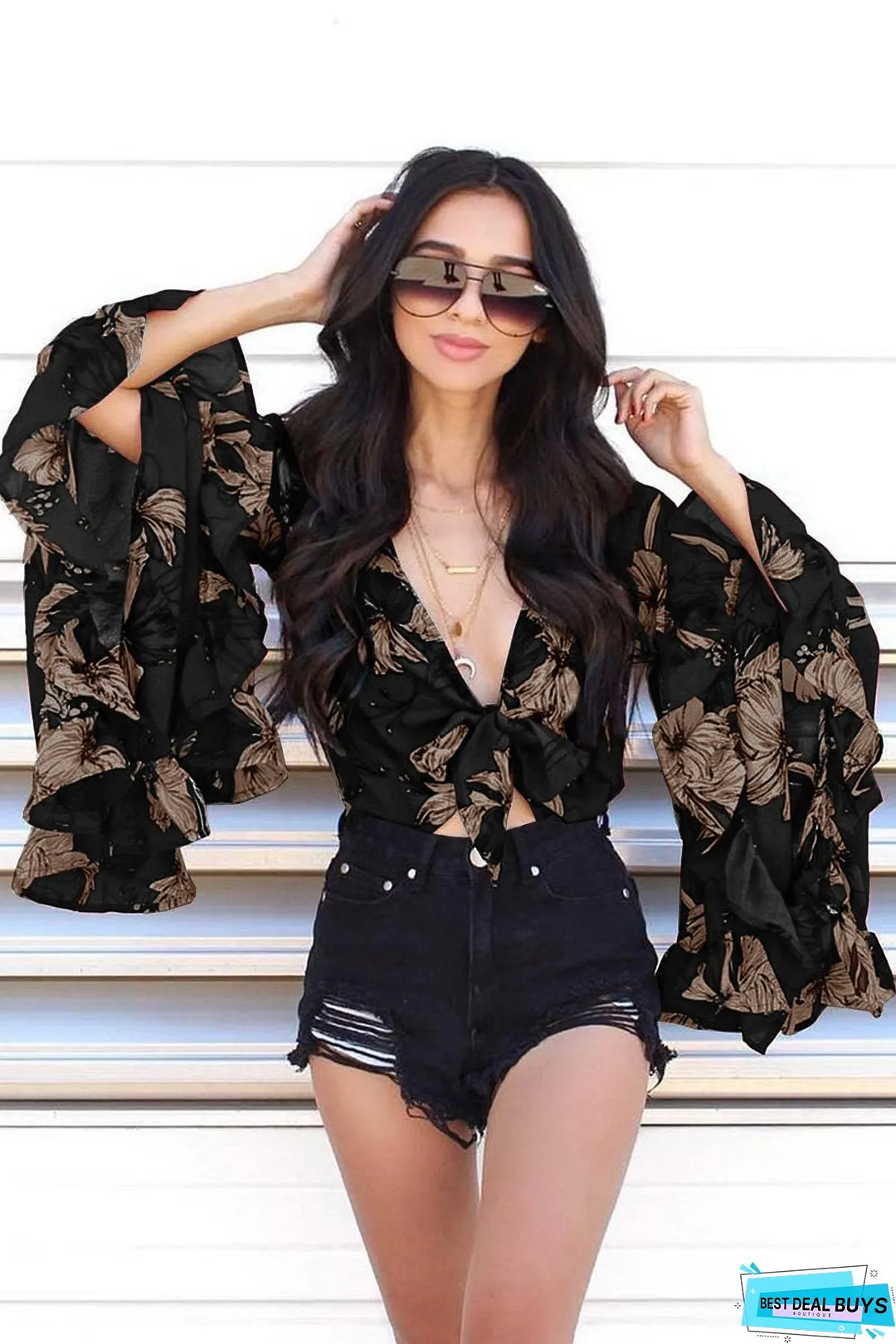 Flared Sleeve Ruffled Irregular V-Neck Top