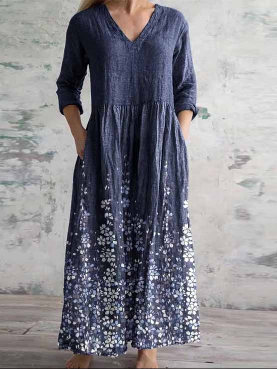Women's 3/4 Sleeve V-neck Floral Printed Midi Dress