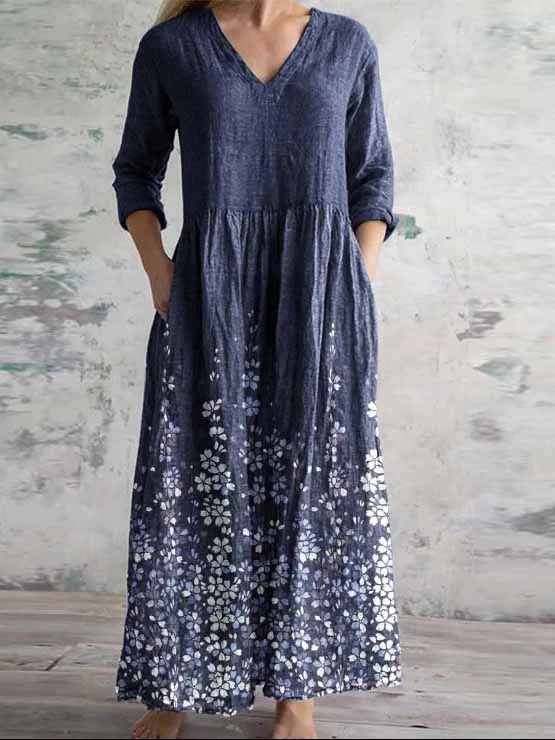 Women's 3/4 Sleeve V-neck Floral Printed Midi Dress