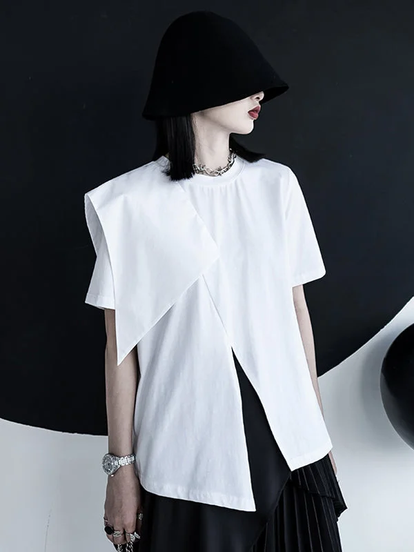 Urban Asymmetric Split-Front Solid Color Short Sleeves T-Shirt Top
