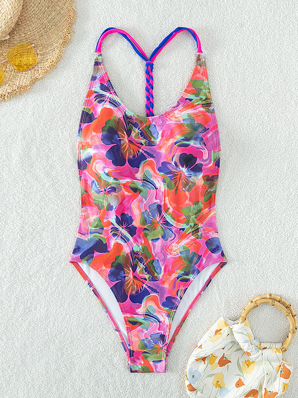 Floral Printed Hollow Multi-Colored Woven One-Piece Swimwear