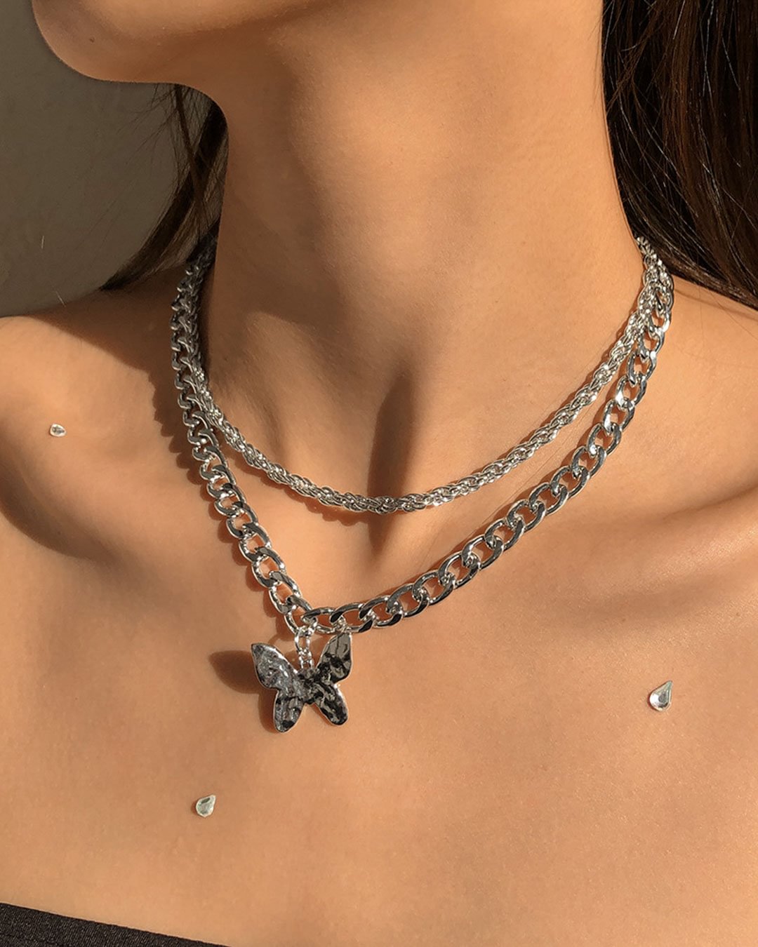 Fashionv-Butterfly Double Chain Necklace