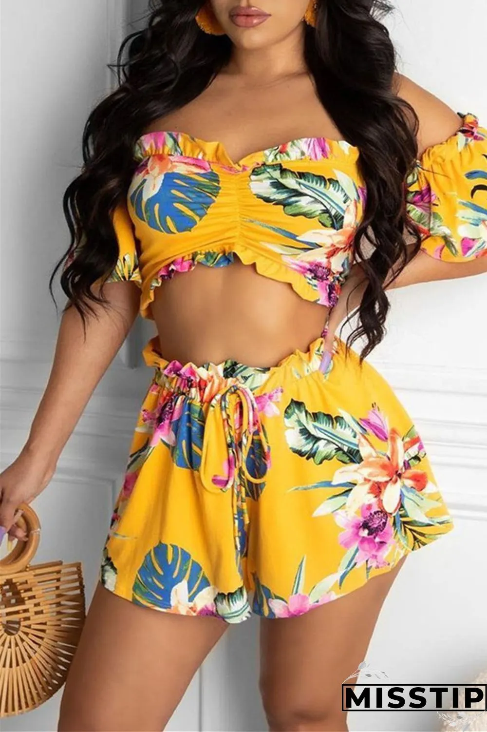 White Fashion Casual Print Backless Off the Shoulder Short Sleeve Two Pieces