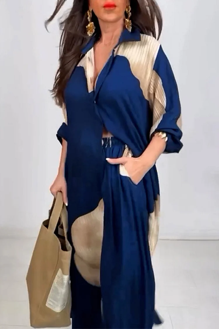 Leaf Print Turndown Collar Long Shirt Wide Leg Pants Casual 2pcs Set