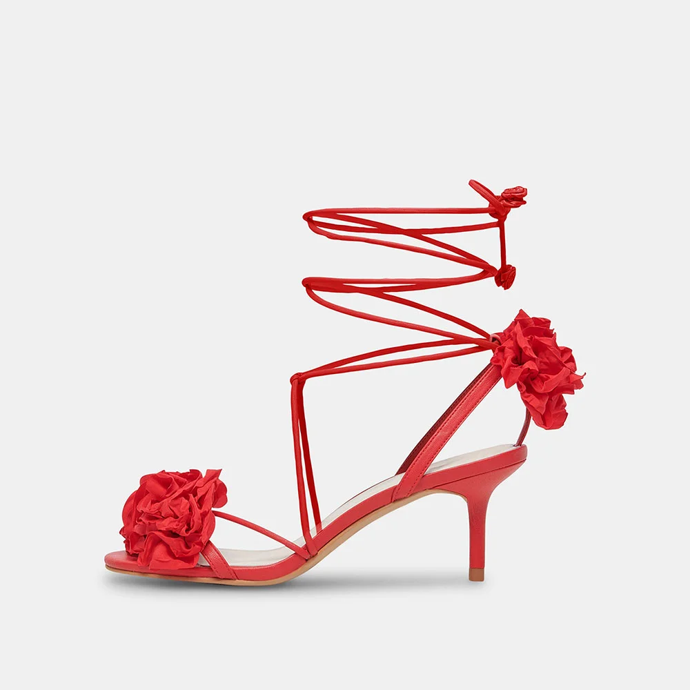 Red Open-Toe Rose Embellished Strappy Stiletto Heeled Sandals Nicepairs