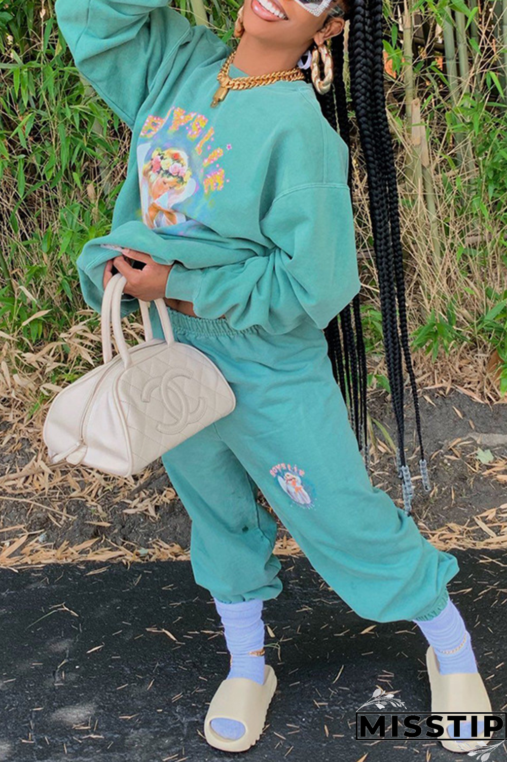 Black Casual Print Patchwork O Neck Long Sleeve Two Pieces