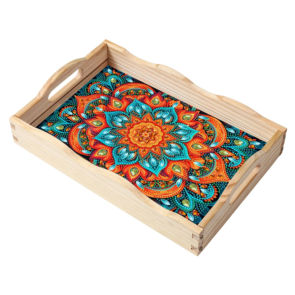 5D DIY Wooden Mandala Diamond Painting Serving Tray with Handle for Home Decor