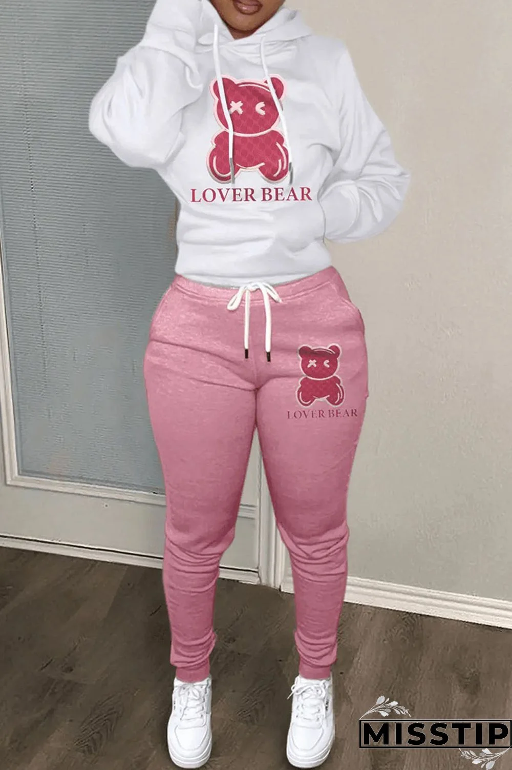 Black And White Casual Print Patchwork Hooded Collar Long Sleeve Two Pieces