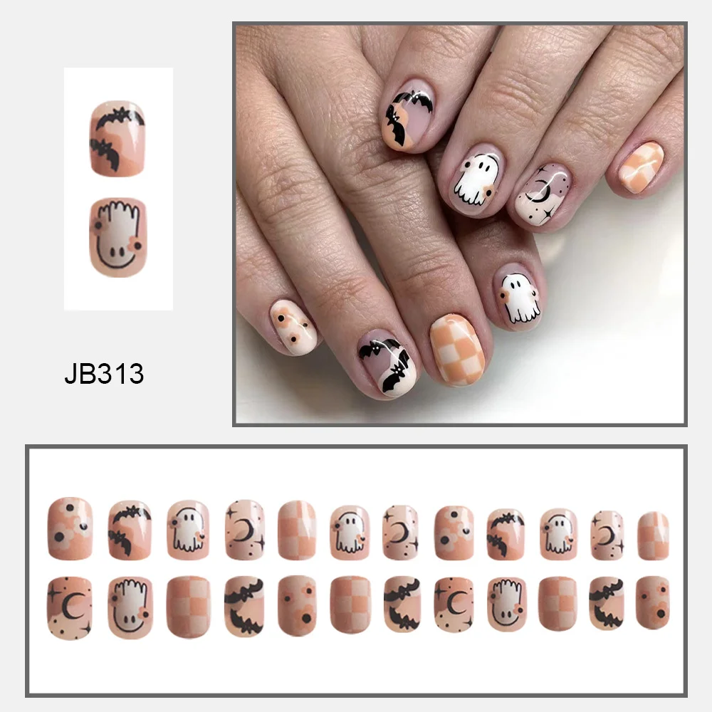 Churchf Churchf Short Square Nail Checkerboard Bat Small Ghost Halloween Element Fake Nails Finished Wear Nail Holiday Nail