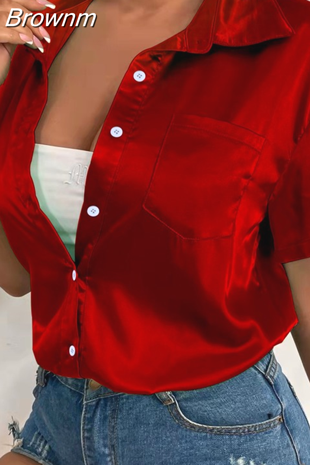 Brownm Casual Satin Blouse Women Summer 2023 Loose Button Up Silk Women Shirt Solid Office Lady Short Sleeve Blouses Tops 20009