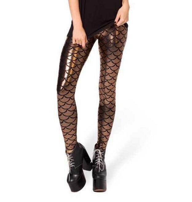 CUHAKCI Women Fish Scale Print Mermaid Leggings Push Up Stretch Shiny Pants Casual Trousers