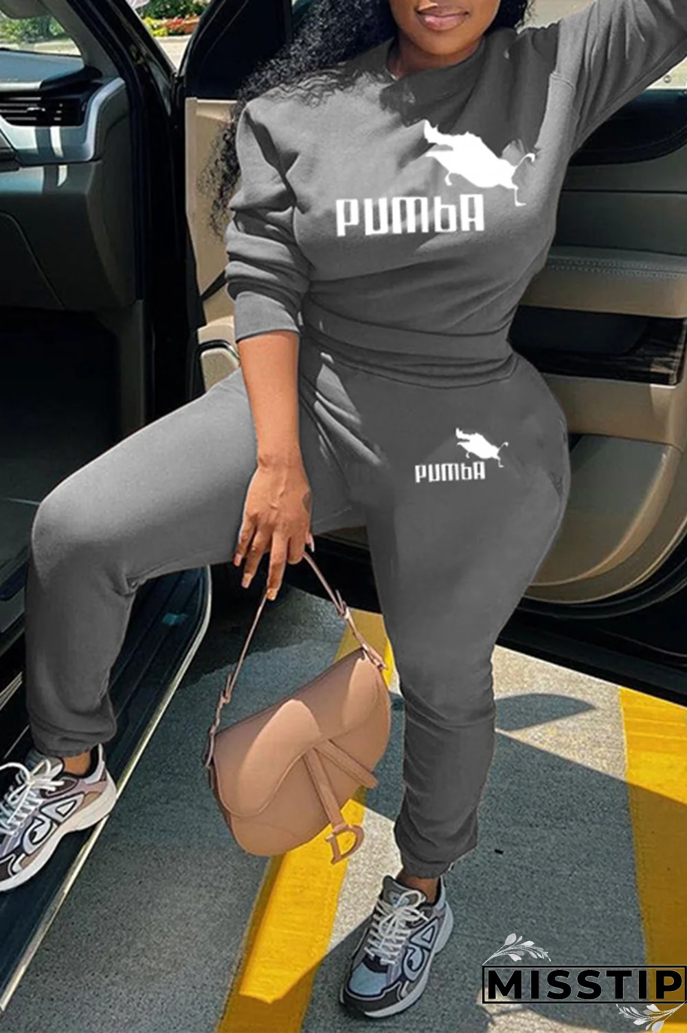 Rose Red Street Print Patchwork O Neck Long Sleeve Two Pieces