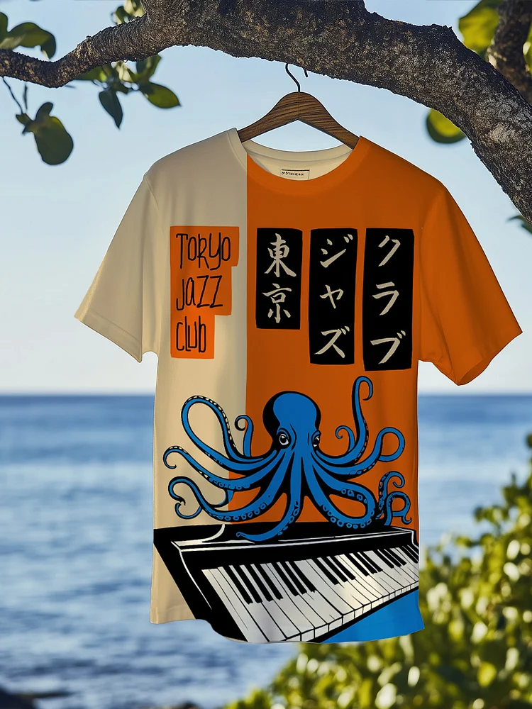 Men's Japanese Art Octopus Tokyo Jazz Club Illustration Print Casual T-Shirt