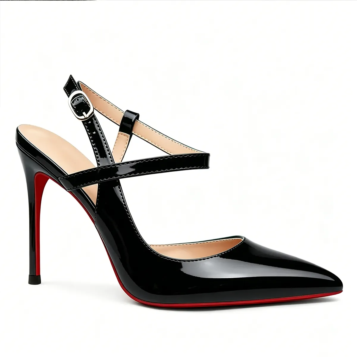 100mm Women Slingback Patent Pumps Ankle Strap Jenlove Stiletto Mid Heel Close Pointed Toe Dress Red Bottoms Shoes
