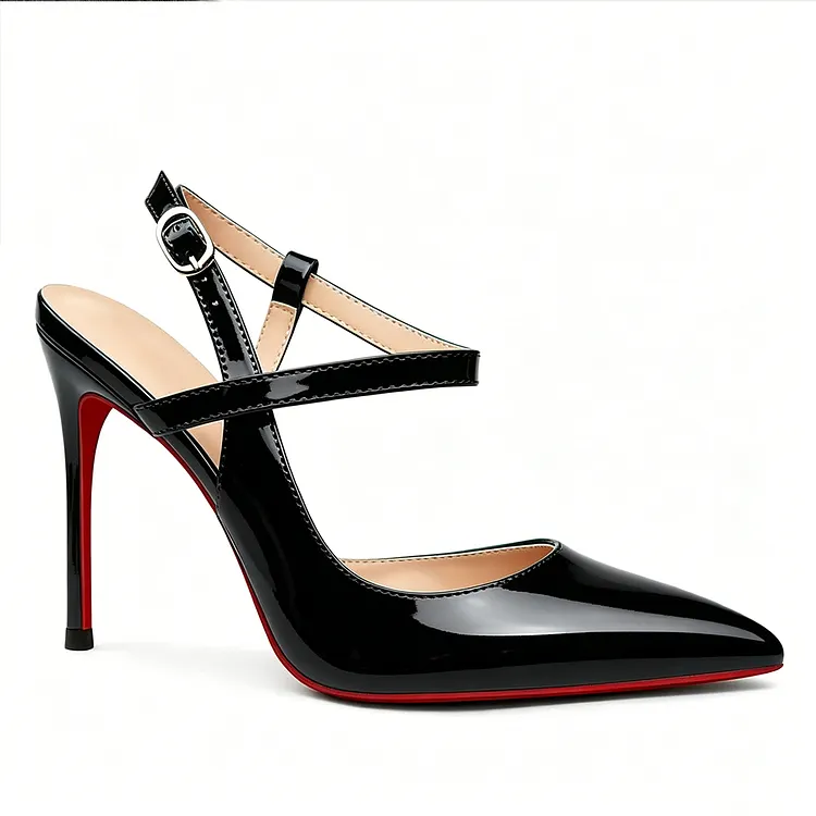 100mm Women Slingback Patent Pumps Ankle Strap Jenlove Stiletto Mid Heel Close Pointed Toe Dress Red Bottoms Shoes VOCOSI VOCOSI