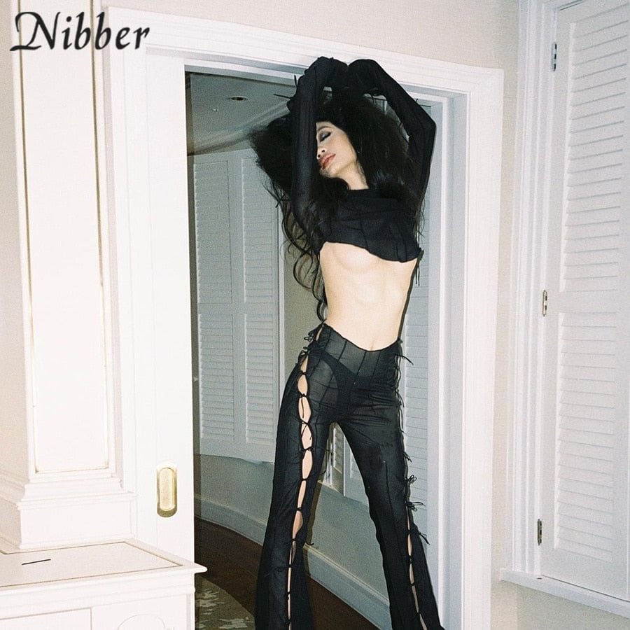 Nibber Y2k Harajuku Pure Color Flare Pants Women Summer Sexy Tulle Perspectivity Hollow Out Bandage Fashion Streetwear 2022 515