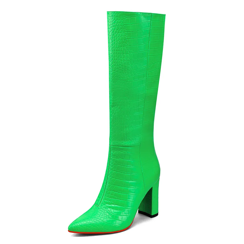 95mm/3.75 inch Women's Knee High Boots Thick Faux Alligator Boots Thick Heel Pointed Toe Red Bottom Boots