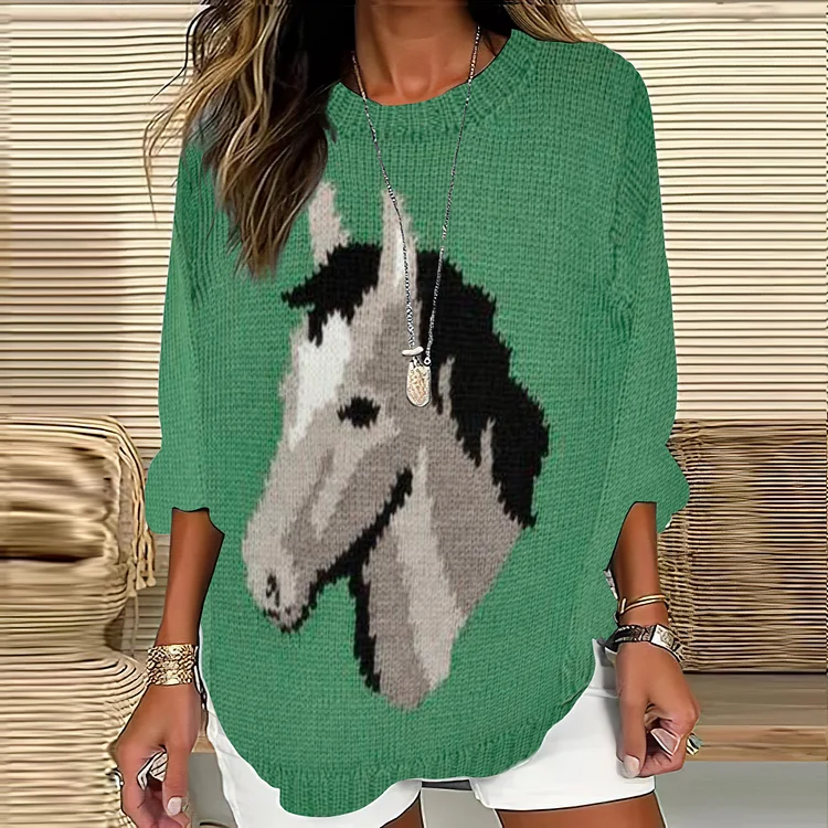 Comstylish Casual Southwestern Horse Pattern Women'S Crew Neck Sweater