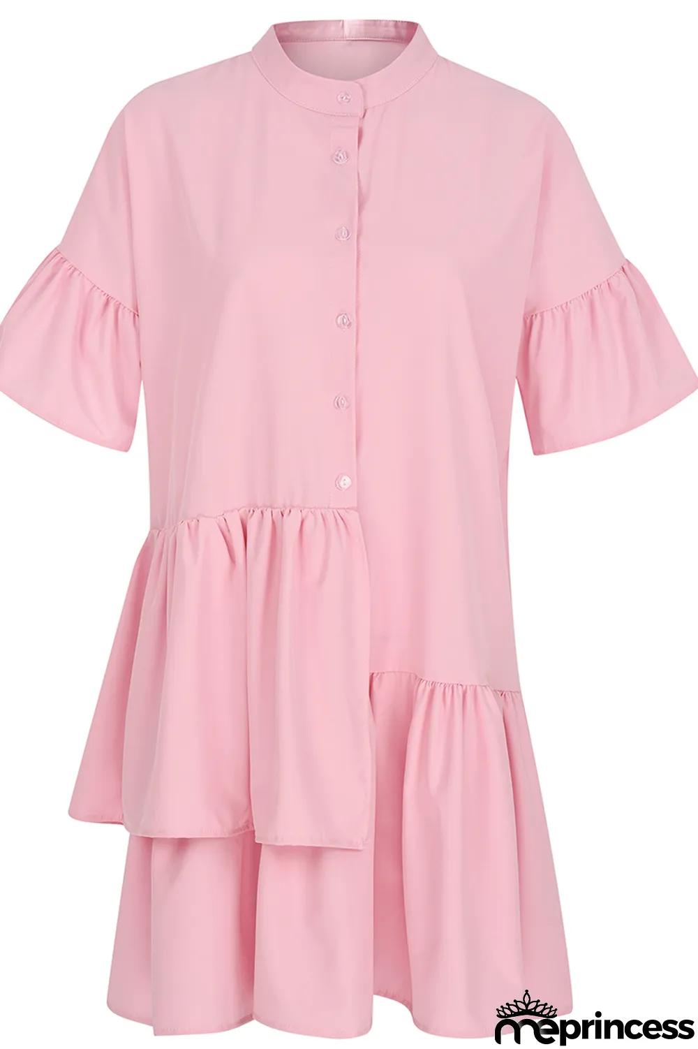 White Casual Solid Flounce Mandarin Collar Cake Skirt Dresses