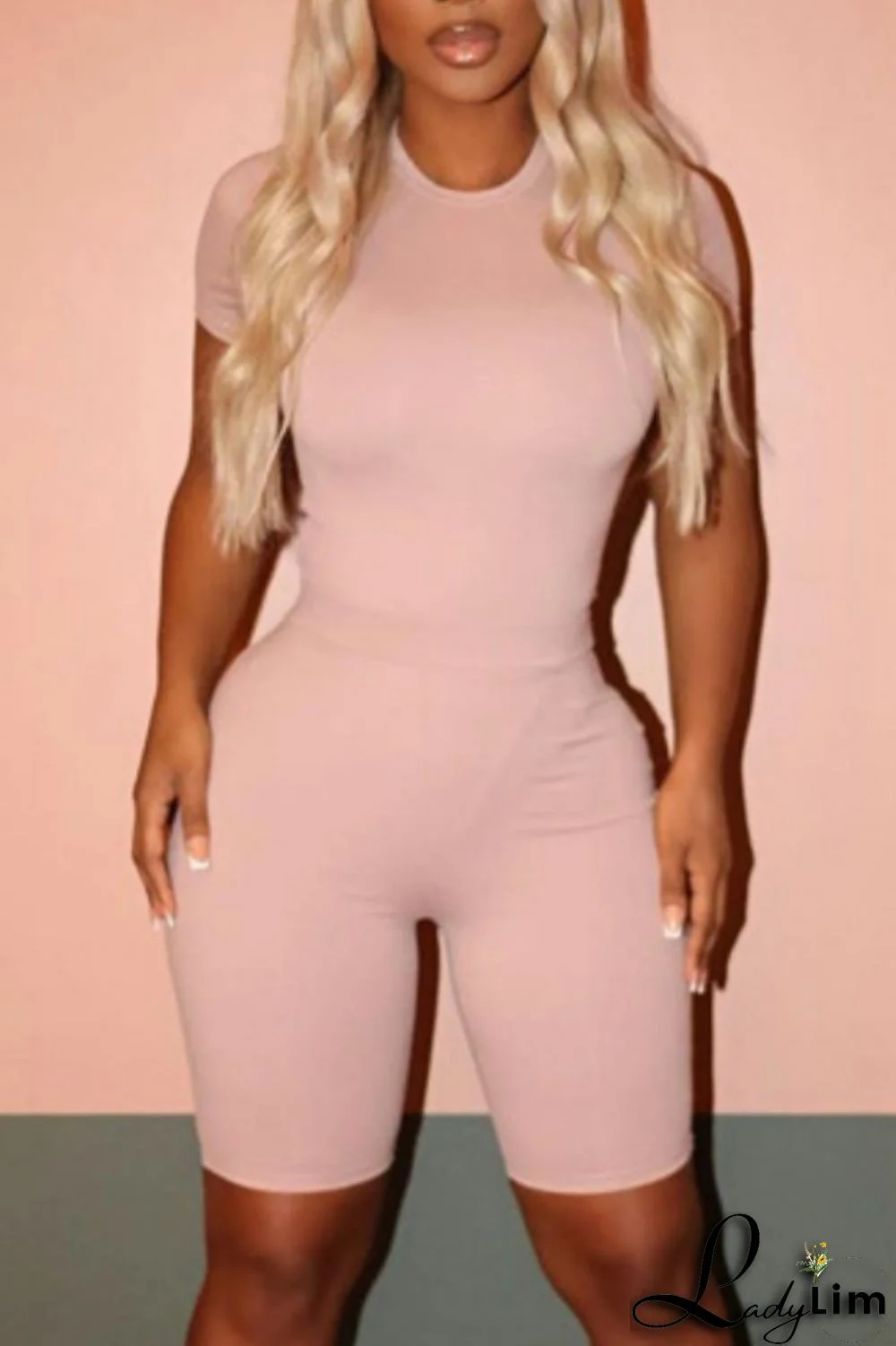 Pink Casual Solid Basic O Neck Short Sleeve Two Pieces