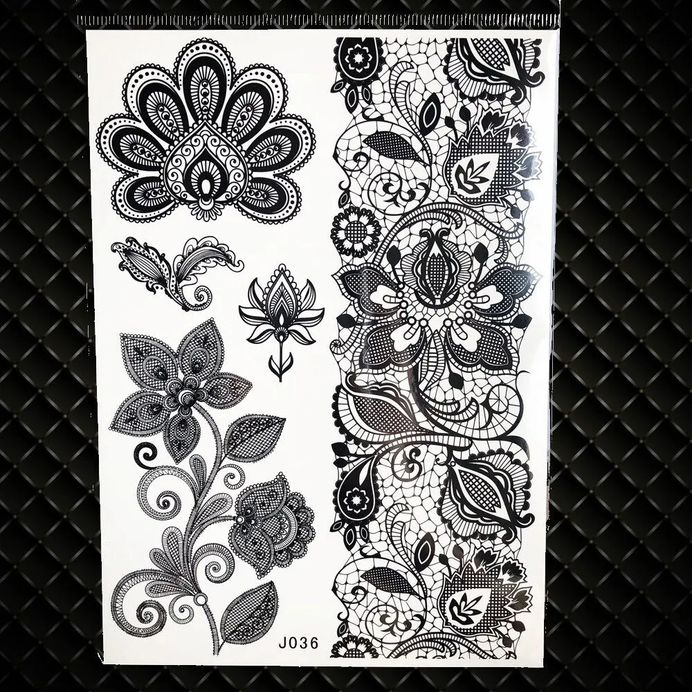 1PC Large Henna Tattoo Stickers For Wedding GBJ206 Black Ink Lace Henna Paste Women Party Brides Flower Temporary Tattoo 21x15CM