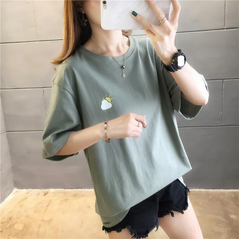 Women T Shirt 2021 Summer new Short Sleeve T-shirt Harajuku Kawaii embroidery Korean Casual loose Clothes for Girl T-shirts Tops