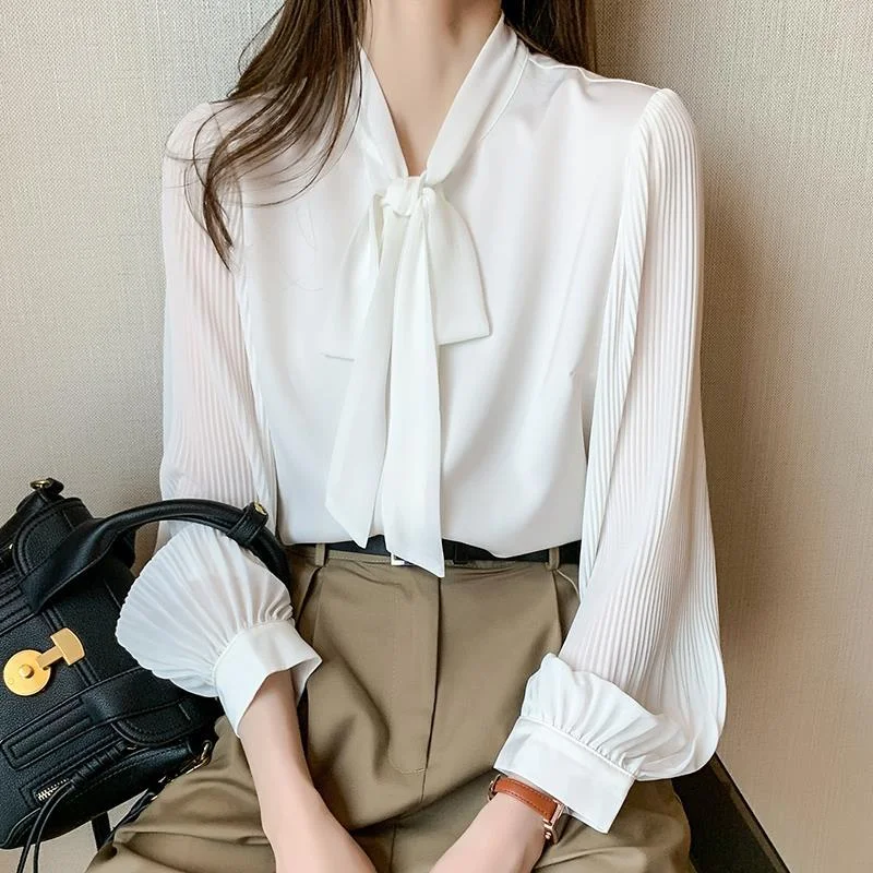 Jangj Spring Summer New Bow White Shirt Women's Long-sleeved Elegant Business Chiffon Blouse Korean Style Scarf Collar for Female