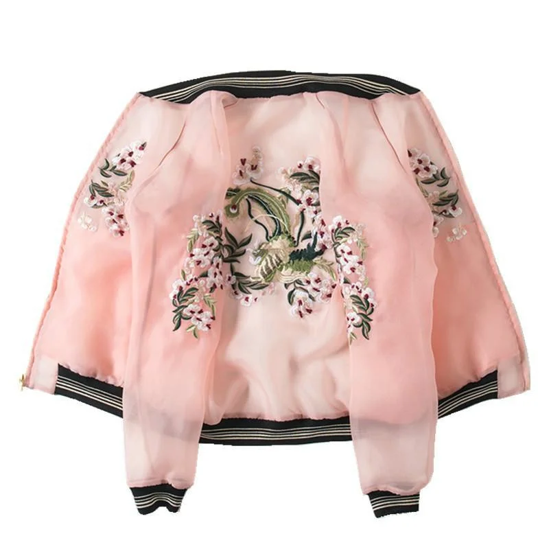 Korean Fashion Floral Embroidery Pink Bomber Jacket SP16478