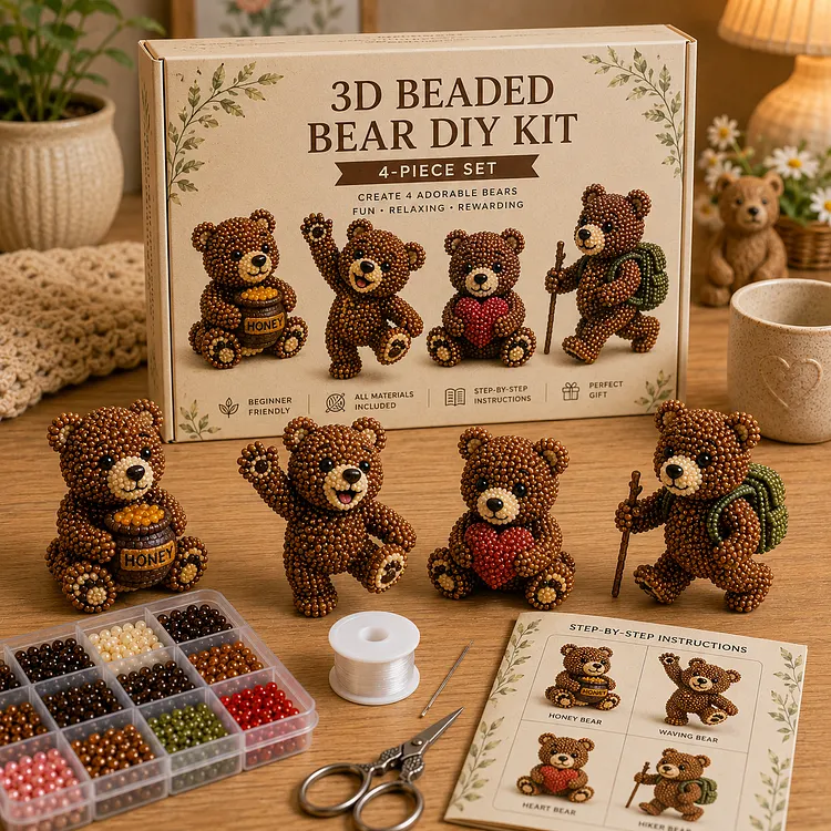 3D Beaded Bear DIY Kit &ndash; 4-Piece Handmade Bear Craft Set