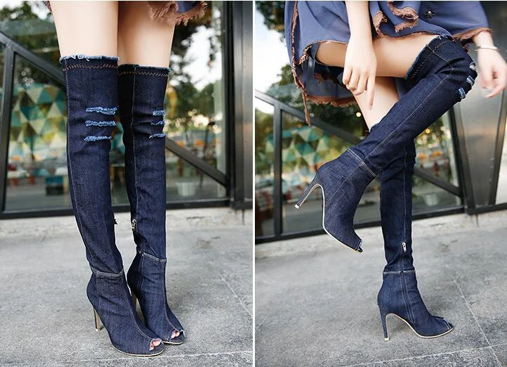 Canrulo Autumn Women High Heels thigh high boots Female Shoes Hot Over The Knee Boots Peep Toe Cowboy Boots Denim shoes 785