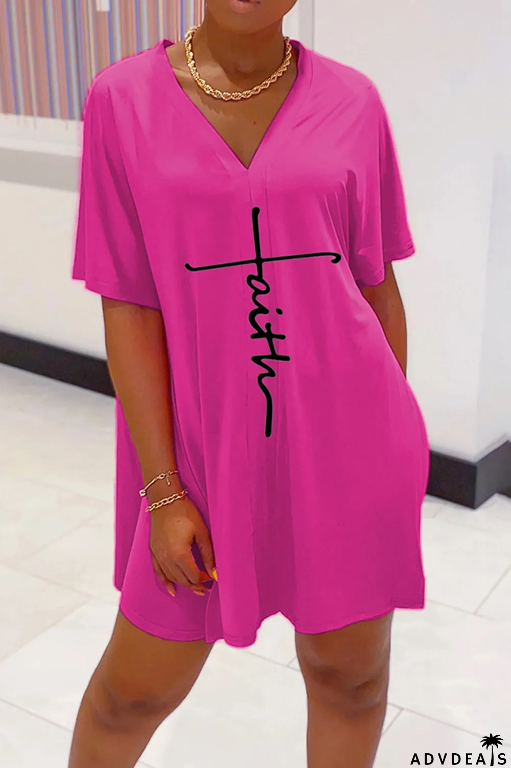 Tangerine Red Casual Print Split Joint V Neck Short Sleeve Two Pieces