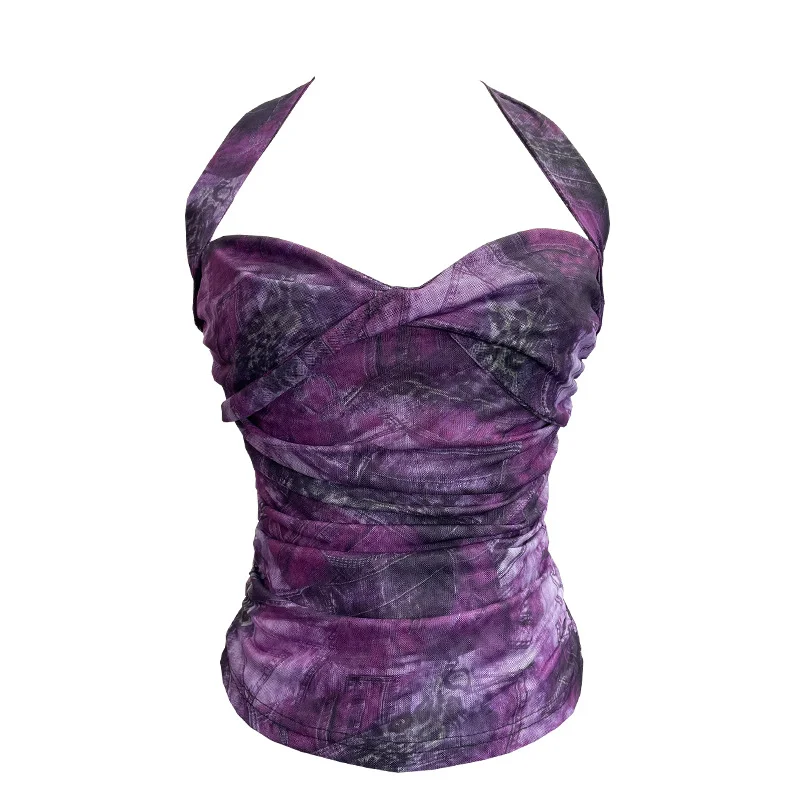 Uveng Solid Shot Tie-Dye-Dyed Denim Print Folding Mesh Sling Sling Sling Neck With Bow Striped Backwear 9921