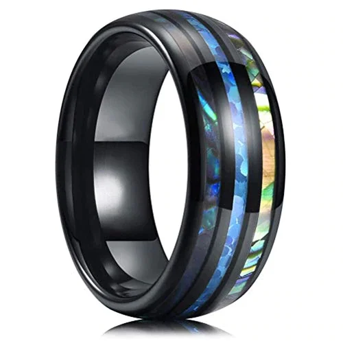 Women's Or Men's Tungsten Carbide Wedding Band Matching Rings,Black Tone Multi Color Inspired Blue Opal and Rainbow Abalone Shell Inlay Ring Organic Colors With Mens And Womens For Width 4MM 6MM 8MM 10MM