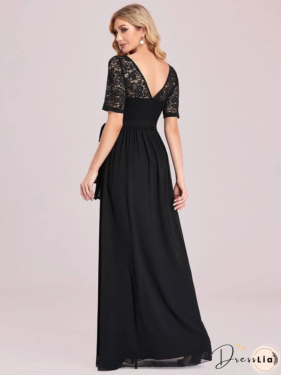Sophisticated Lace Bodice Chiffon Maxi Evening Gown with Belt for Elegant Occasions