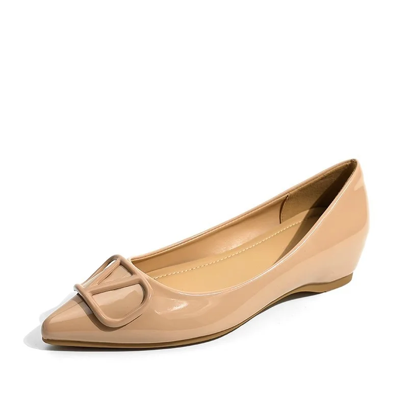 Breakj Breakj Sharp Head Soft Soles In The Increase Single Shoes Spring And Autumn Leather Bare Light Flat Commuting V Buckle Temperament Women's Shoes