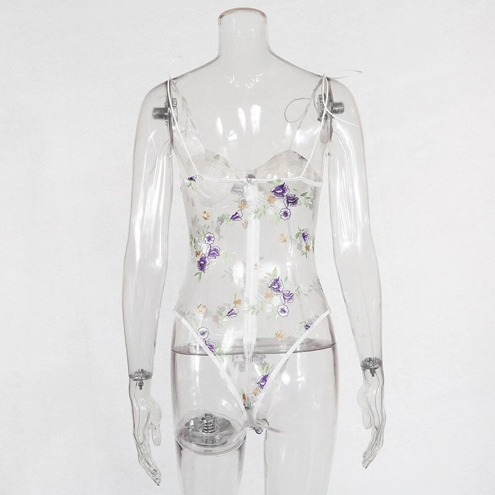 2021 new Purple Floral Embroidery Lace Bodysuits Womens Bow Strappy Sexy Mesh Body suit Transparent Bodycon Romper