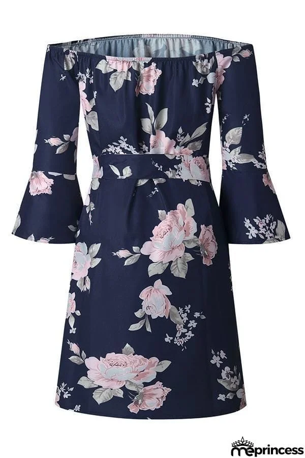 Bateau Neck Floral Printing Mini Dresses