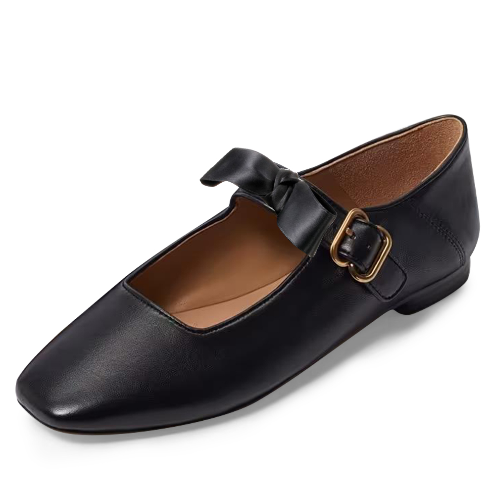 Black Square Toe  Flats With Buckle Chunky Low Heels Nicepairs