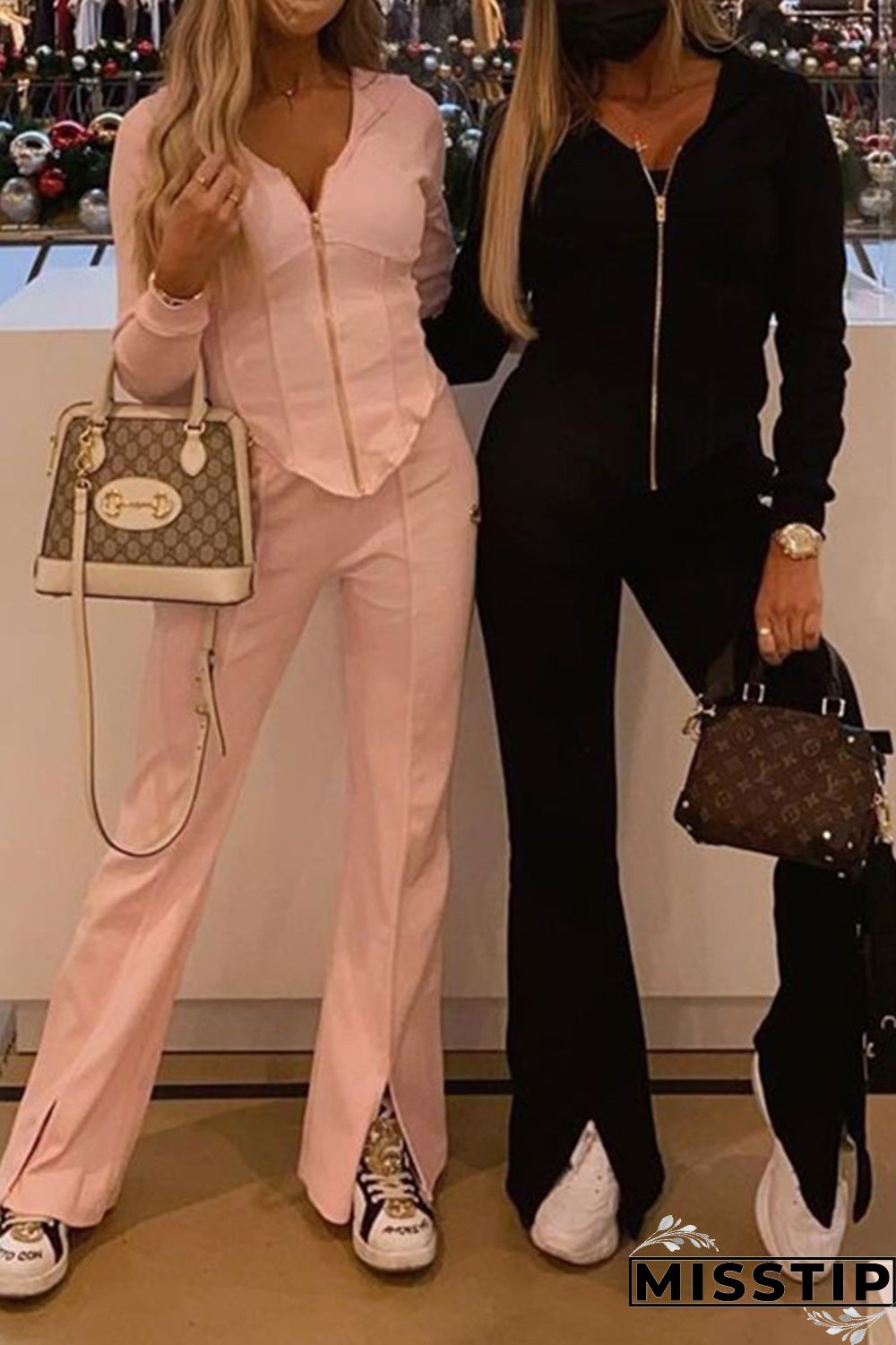 Pink Fashion Casual Solid Slit Hooded Collar Long Sleeve Two Pieces