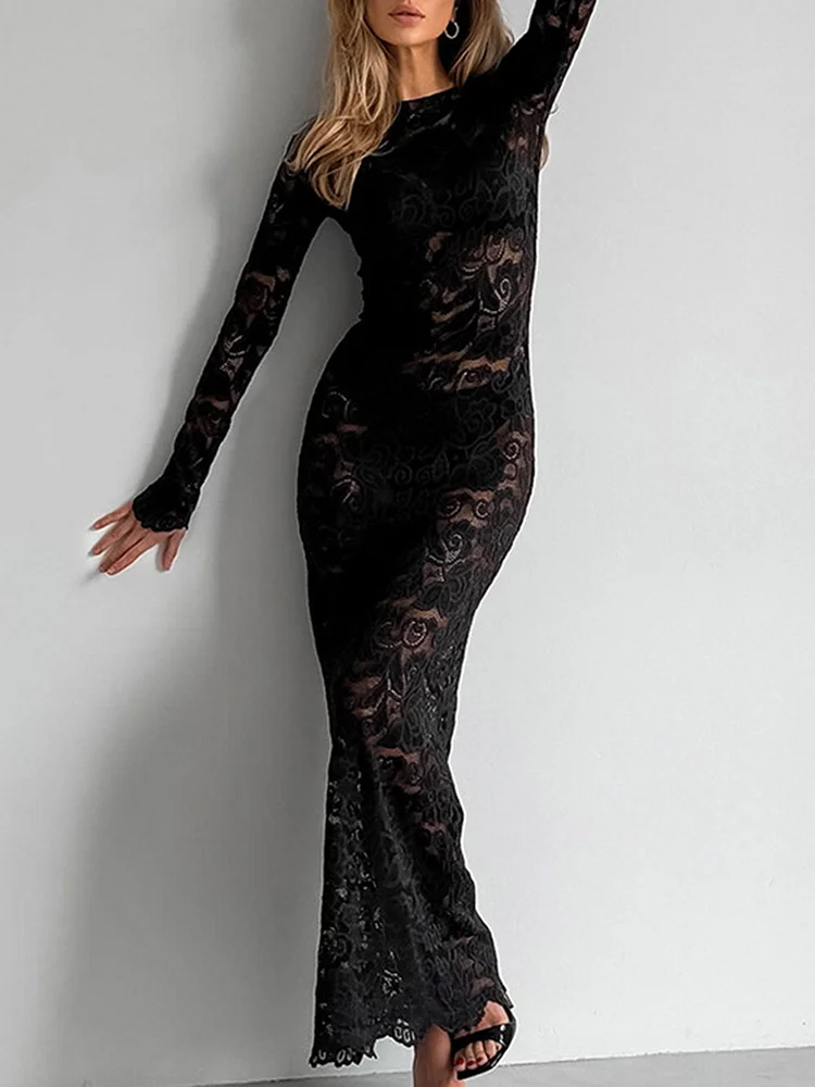 See-Through Solid Color Split-Joint Bodycon High Waisted Round-Neck Maxi Dresses Cover-Up