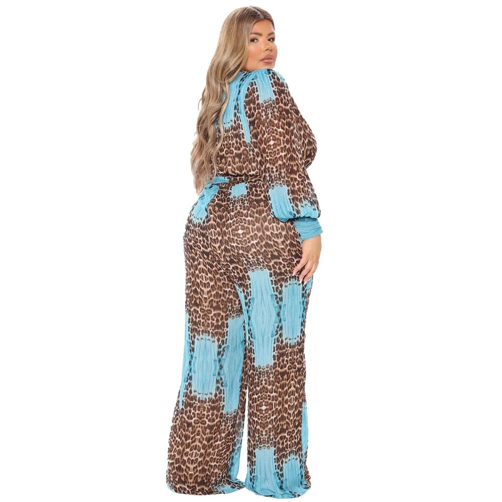 Jumpsuit Plus Size Clothing Fall Clothes for Women V Neck  Leopard Print Wide Leg Elegant Fashion Outfit Wholesale Dropshipping