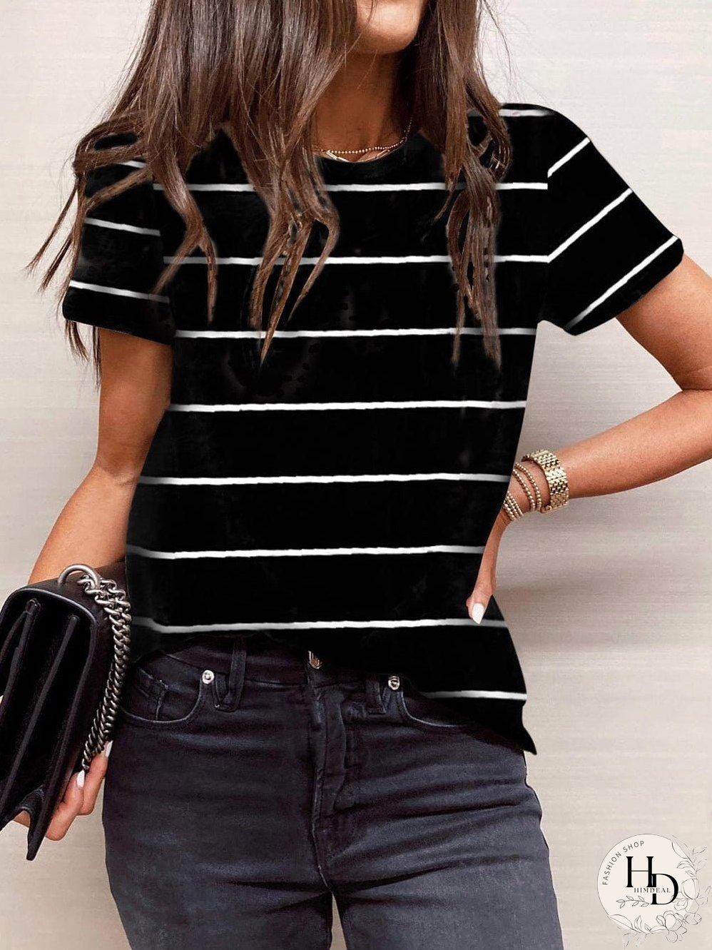 Stripe Print Black Short Sleeve Tee