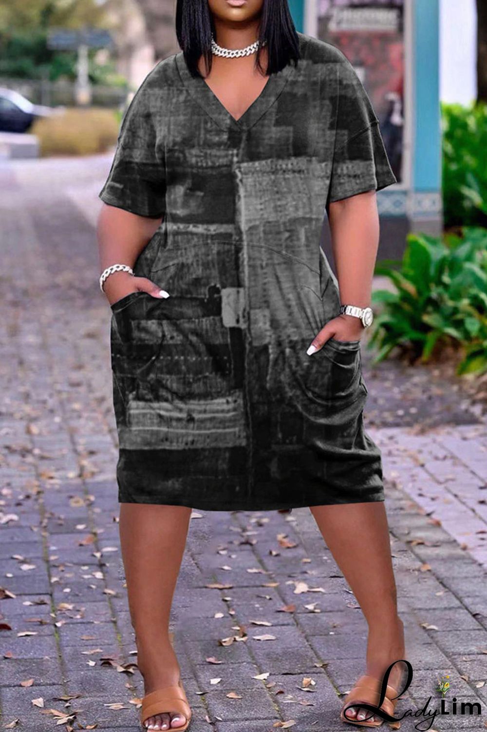 White Pink Fashion Casual Plus Size Print Split Joint V Neck Short Sleeve Dress