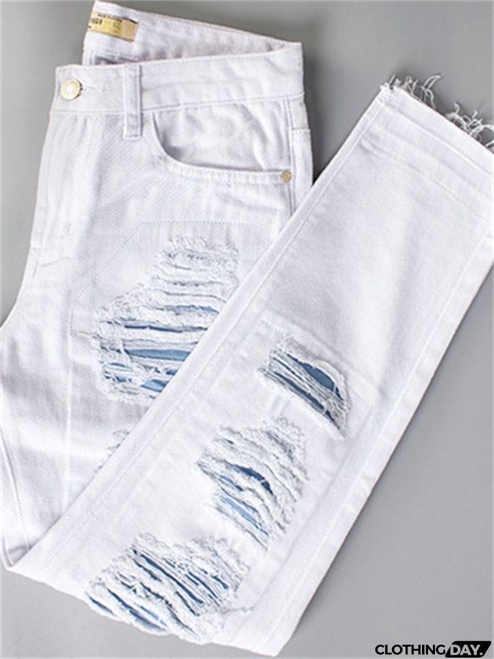 Punk Style Fashion Ripped Loose Women White Denim Jeans