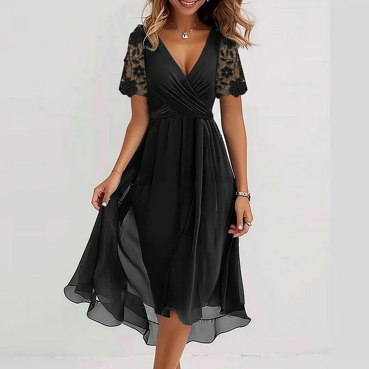Black Plain Short Sleeve Midi Dress
