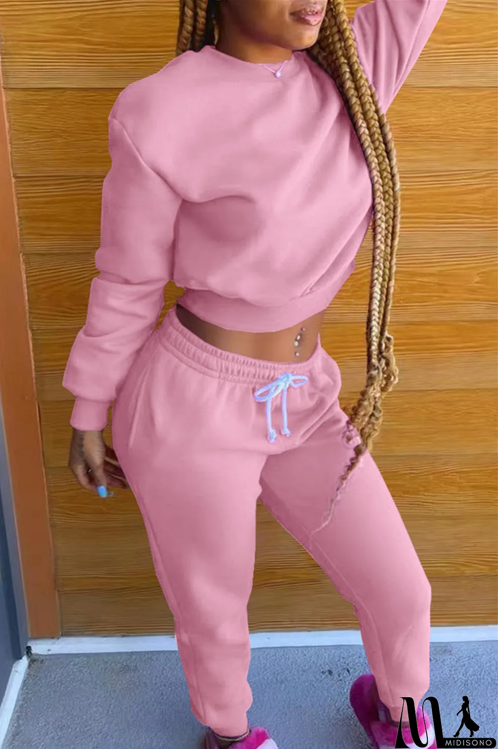 MidiSono - Black Fashion Casual Solid Basic O Neck Long Sleeve Two Pieces