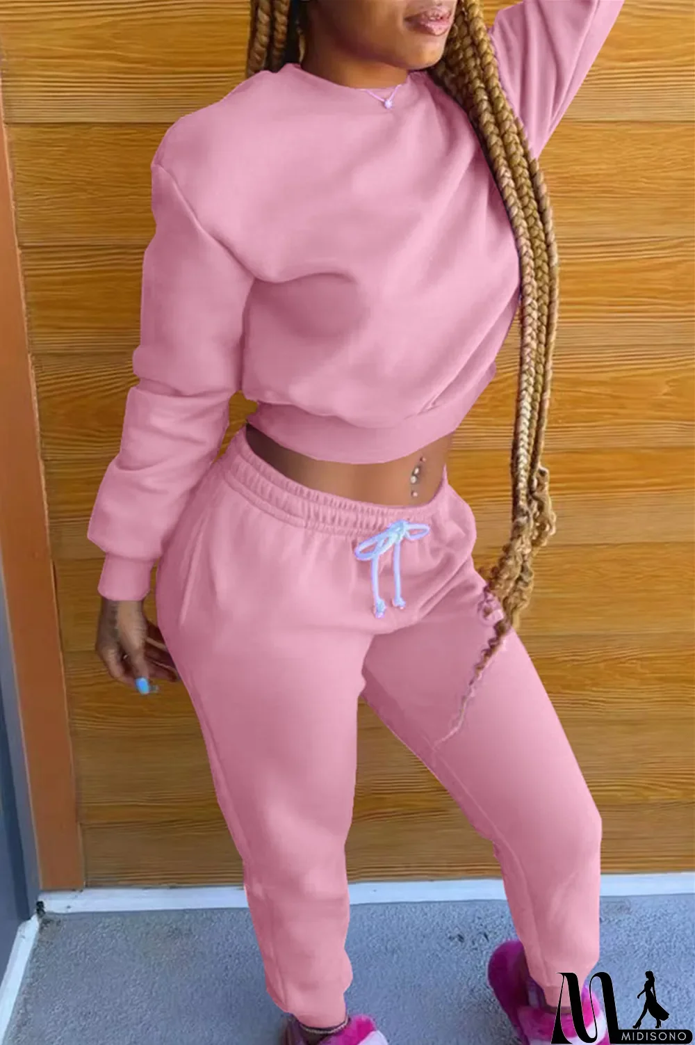 MidiSono - Black Fashion Casual Solid Basic O Neck Long Sleeve Two Pieces