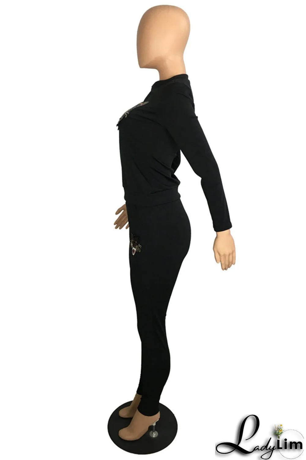 Black Fashion Casual Patchwork Sequins O Neck Long Sleeve Two Pieces